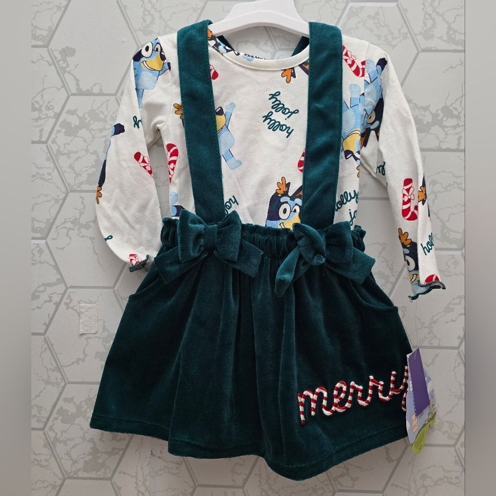 New Target Toddler Bluey Christmas 2pc Long Sleeve Top Skirtall Set Romper Dress